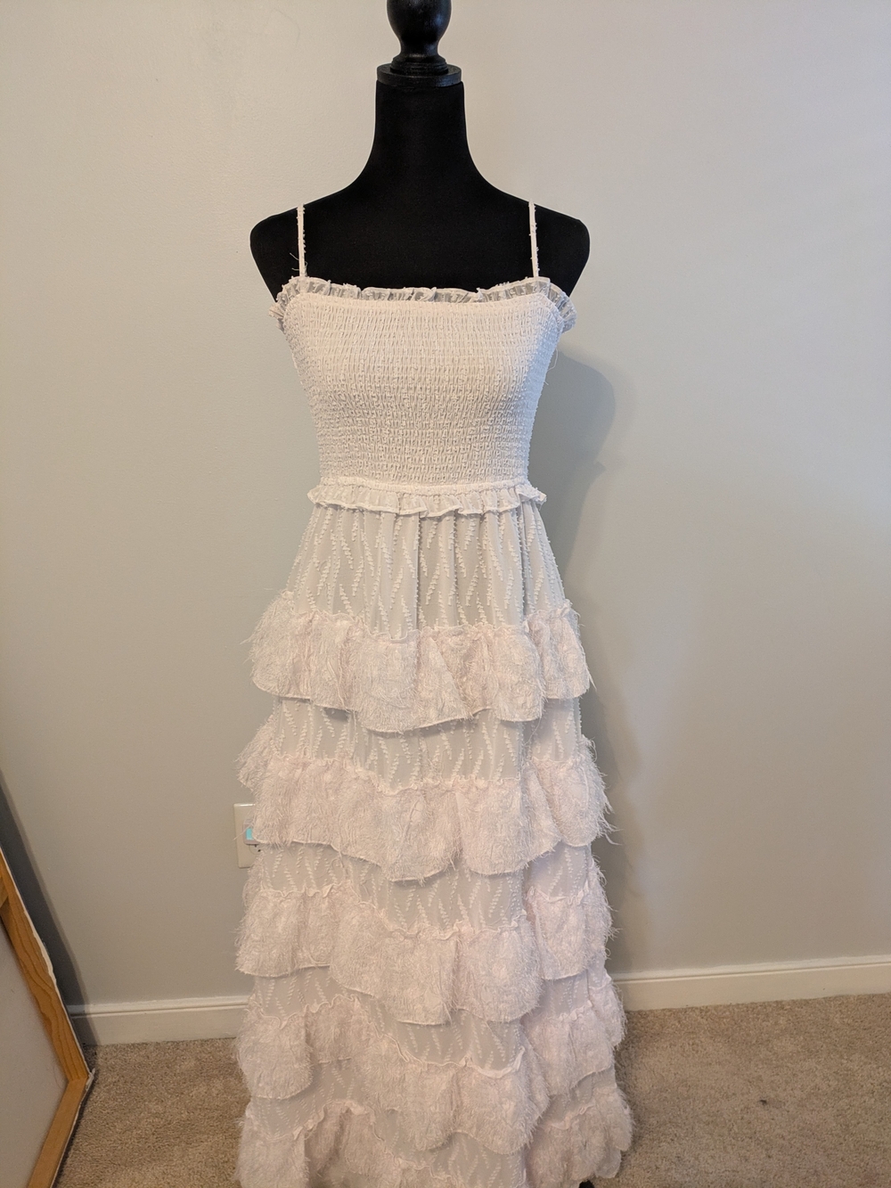 Vici "Chasing Sunlight" Tiered Chiffon Maxi Dress Size S Smocked Bodice Feathers